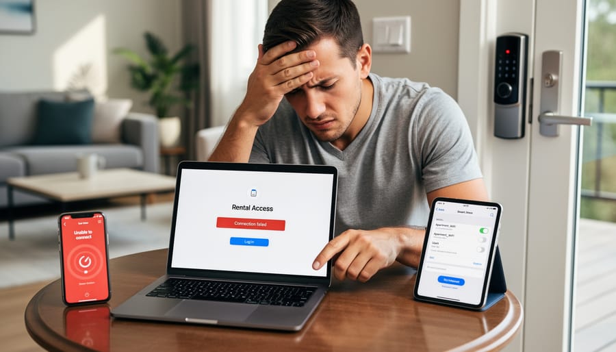 Person looking frustrated while trying to use a phone and laptop with loading screens that don’t complete