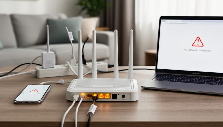 Close-up of a home Wi‑Fi router with connected cables and glowing LED lights