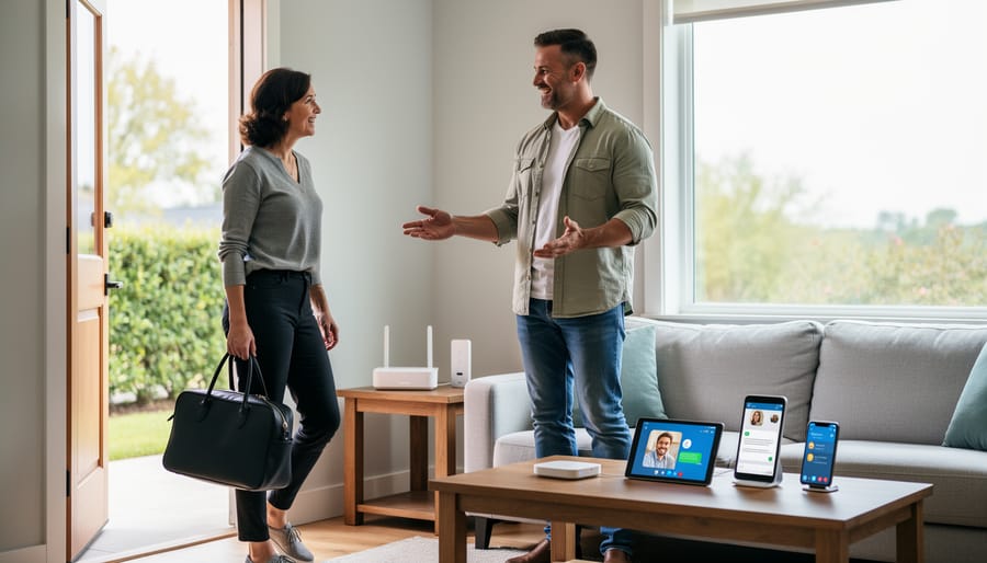 Host greeting a guest at a venue front desk with a laptop nearby, representing smooth host and renter interactions