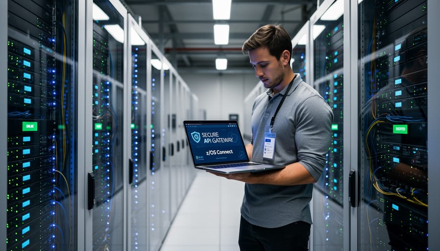 Technician standing in front of server racks in a modern data center with cool lighting and glowing equipment indicators