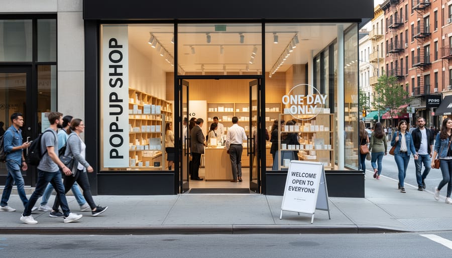 Boutique storefront setup for a pop-up event with merchandise racks near the window