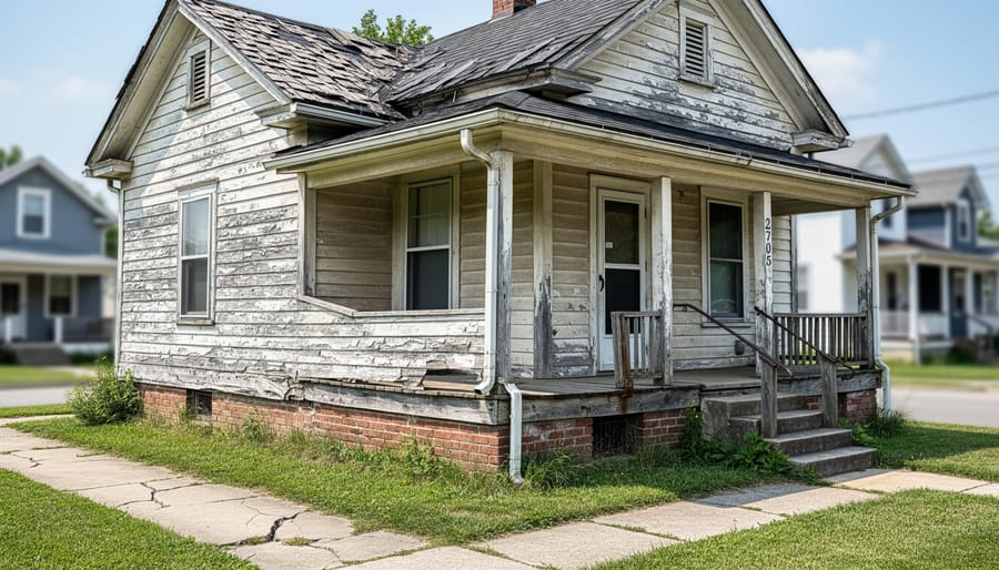 Historic older house exterior with weathered brick and wooden trim in natural daylight