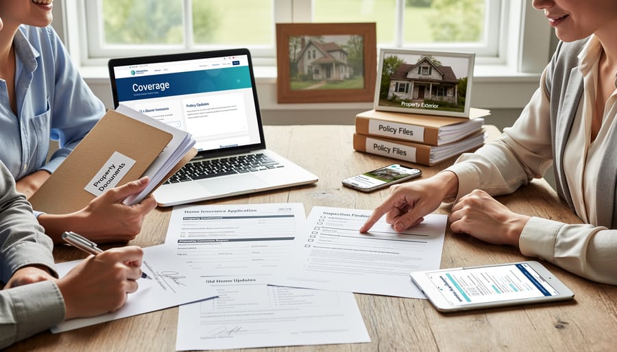 Homeowner reviewing insurance documents and renovation receipts at a kitchen table