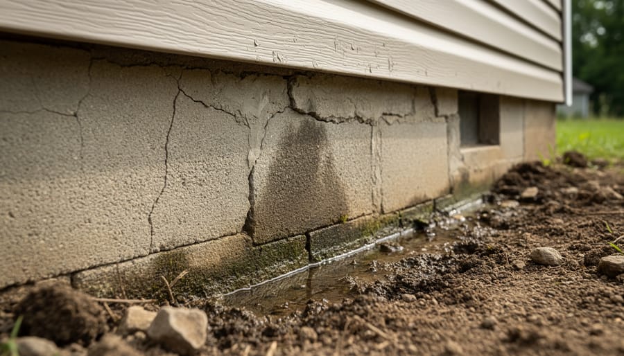 Close view of an older foundation wall and basement area showing aged masonry texture